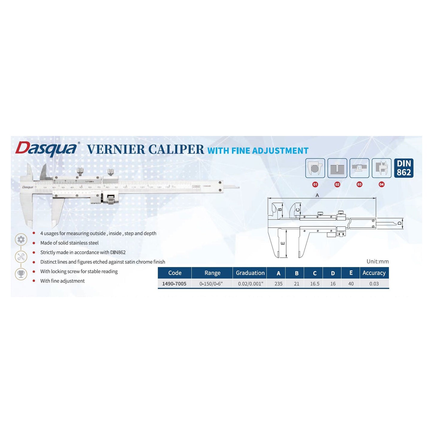 Caliper, Vernier 6", Dasqua