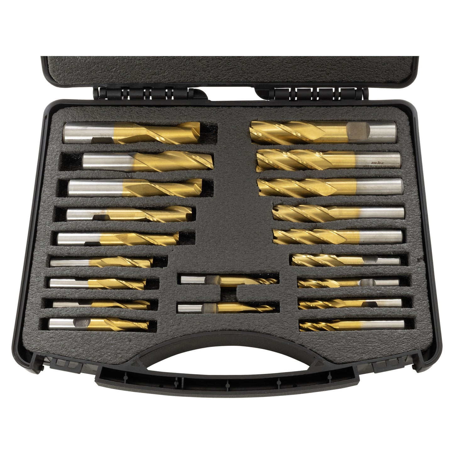 End Mill Set, 20-pieces 2 & 4 Flute, TiN coated HSS, Premium