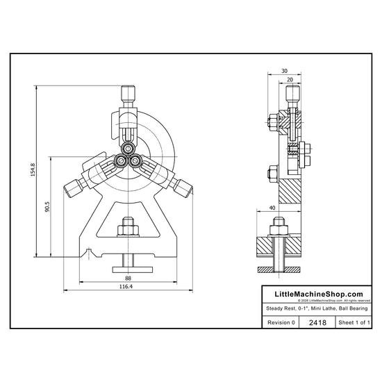 2418 - Drawing - Steady Rest, 0-1" Mini Lathe, Ball Bearing - LittleMachineShop.com