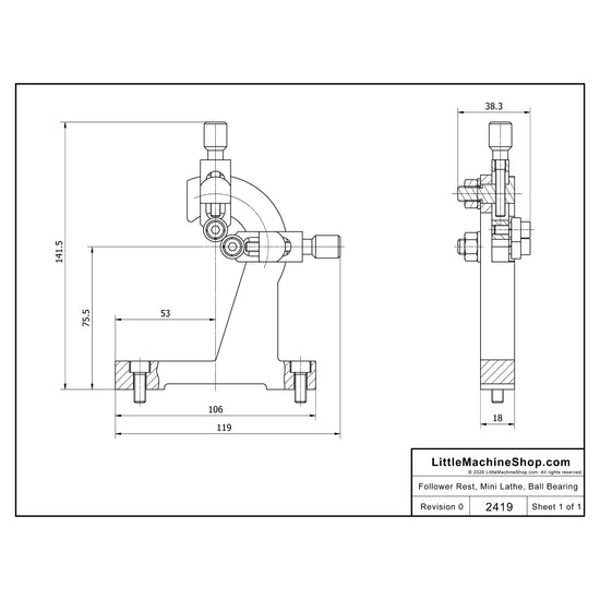2419 - Drawing - Follower Rest, 0-1" Mini Lathe, Ball Bearing - LittleMachineShop.com