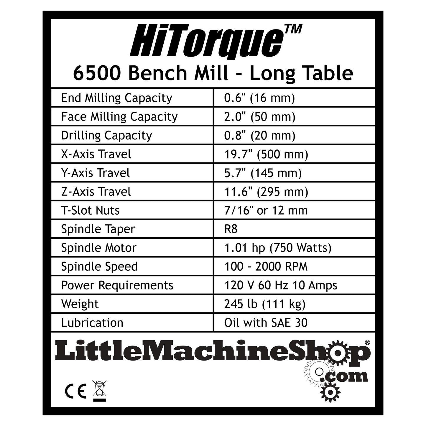 Label, HiTorque Bench Mill with Long Table
