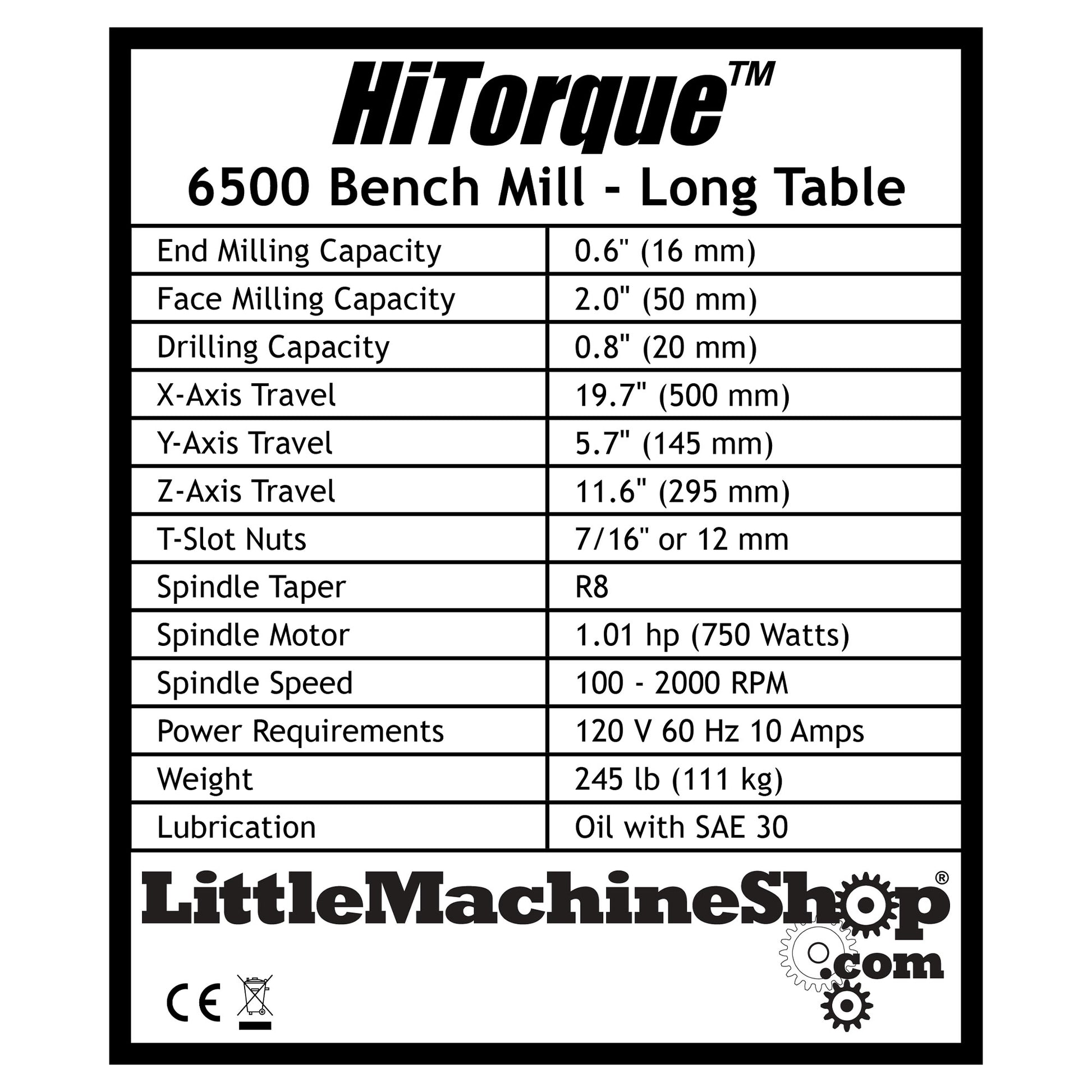 Label, HiTorque Bench Mill with Long Table