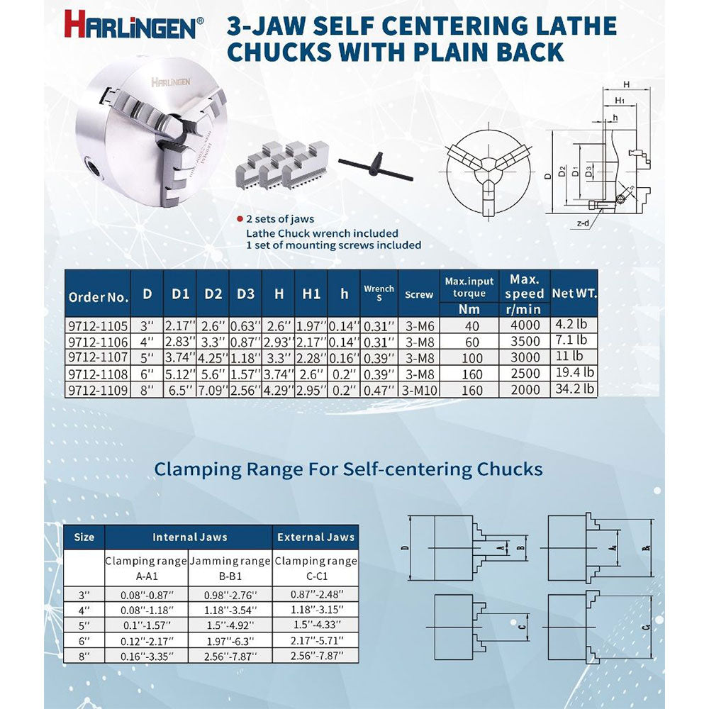 Lathe Chuck - 6", 3-Jaw, Premium, Harlingen