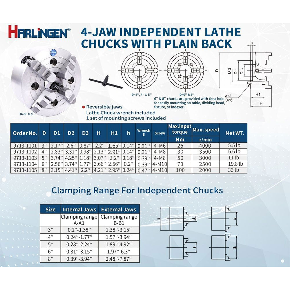 Lathe Chuck - 6", 4-Jaw, Independent, Premium, Harlingen