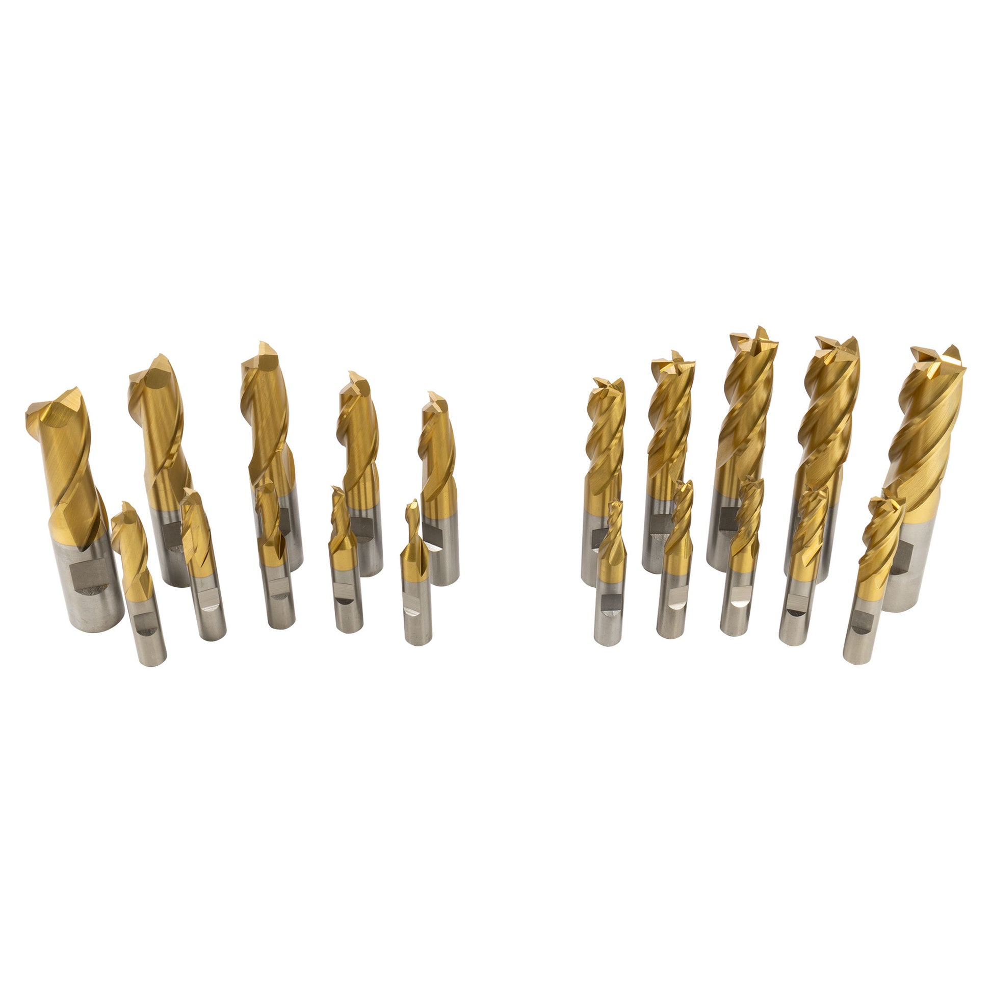 End Mill Set, 20 pieces 2 & 4 Flute, TiN coated HSS, Harlingen - Full Set - LittleMachineShop.com