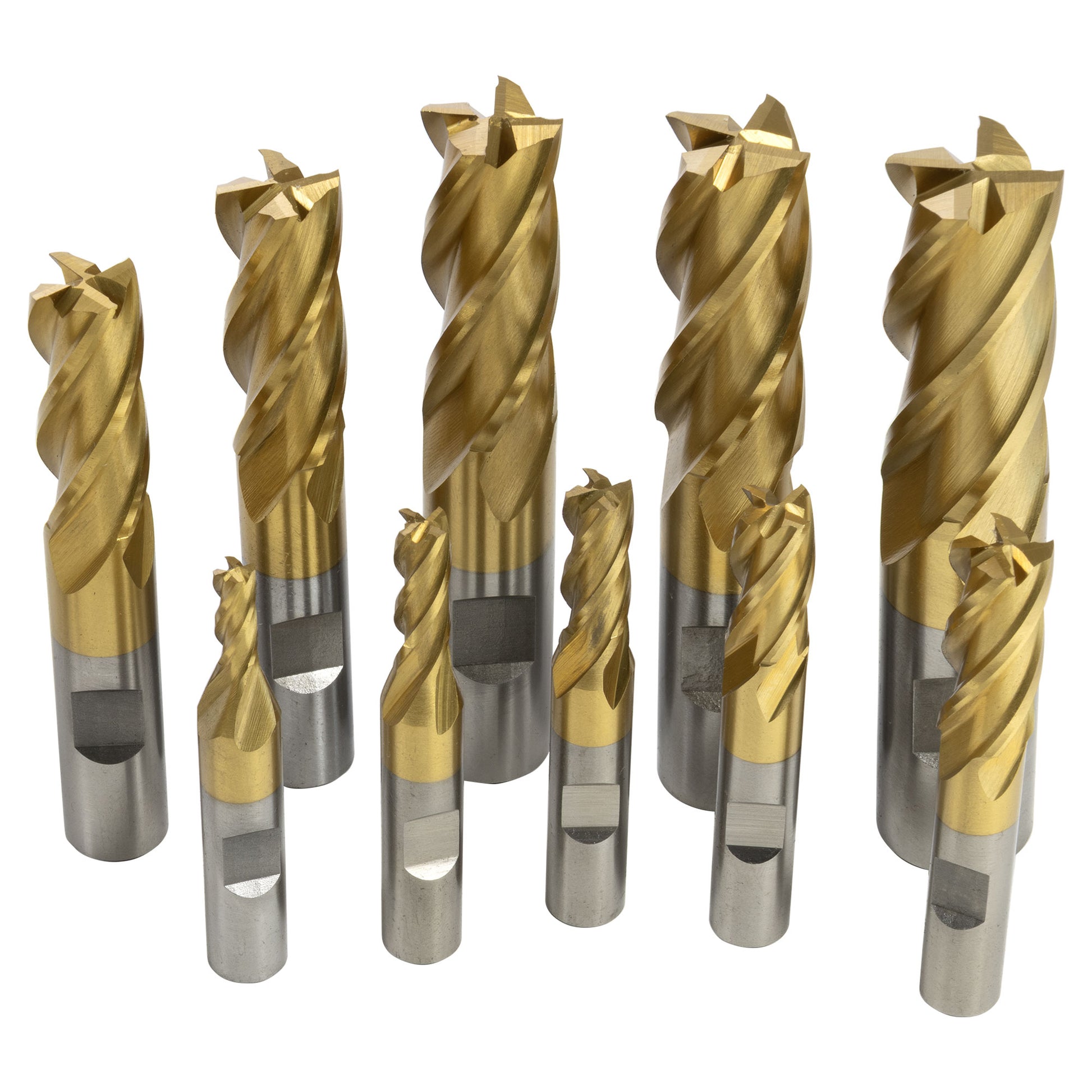 End Mill Set, 20 pieces 2 & 4 Flute, TiN coated HSS, Harlingen - Set Closeup Alternate 1 - LittleMachineShop.com