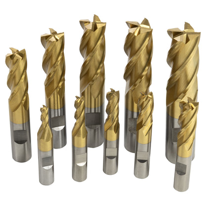 End Mill Set, 20 pieces 2 & 4 Flute, TiN coated HSS, Harlingen - Set Closeup Alternate 1 - LittleMachineShop.com