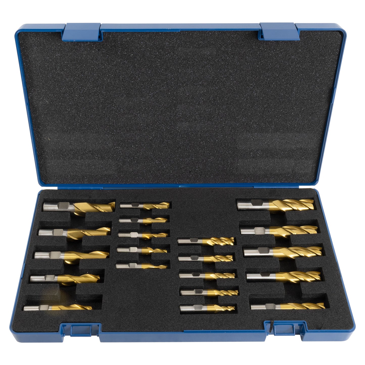 End Mill Set, 20 pieces 2 & 4 Flute, TiN coated HSS, Harlingen - Set in case - LittleMachineShop.com