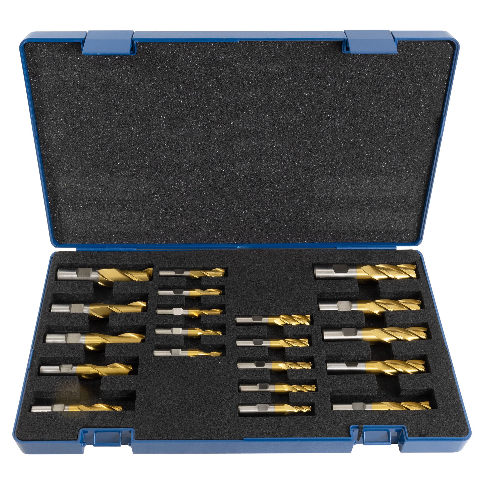 End Mill Set, 20 pieces 2 & 4 Flute, TiN coated HSS, Harlingen - Set in case - LittleMachineShop.com