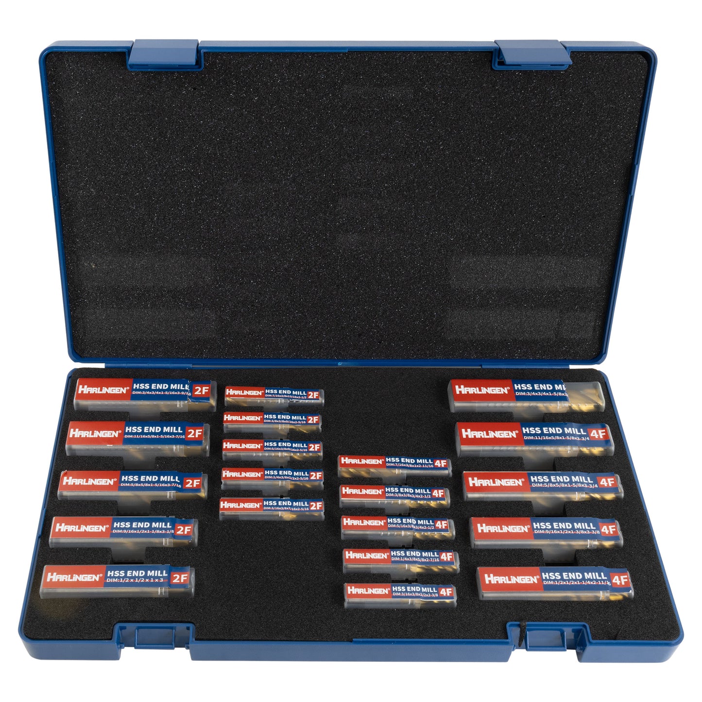 End Mill Set, 20 pieces 2 & 4 Flute, TiN coated HSS, Harlingen - Set Contents - LittleMachineShop.com