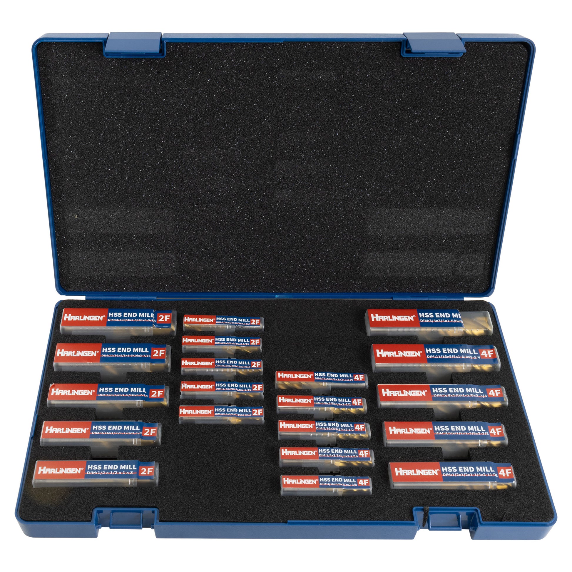 End Mill Set, 20 pieces 2 & 4 Flute, TiN coated HSS, Harlingen - Set Contents - LittleMachineShop.com