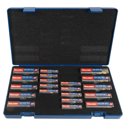 End Mill Set, 20 pieces 2 & 4 Flute, TiN coated HSS, Harlingen - Set Contents - LittleMachineShop.com