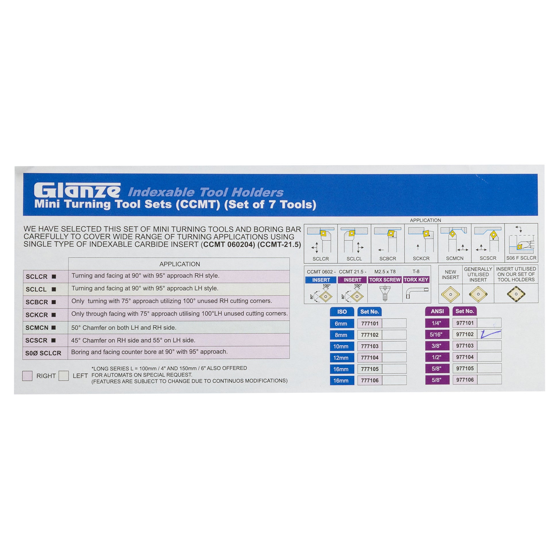 Turning & Boring Tools, 5/16 inch Indexable, 7 Piece Set - tool specs