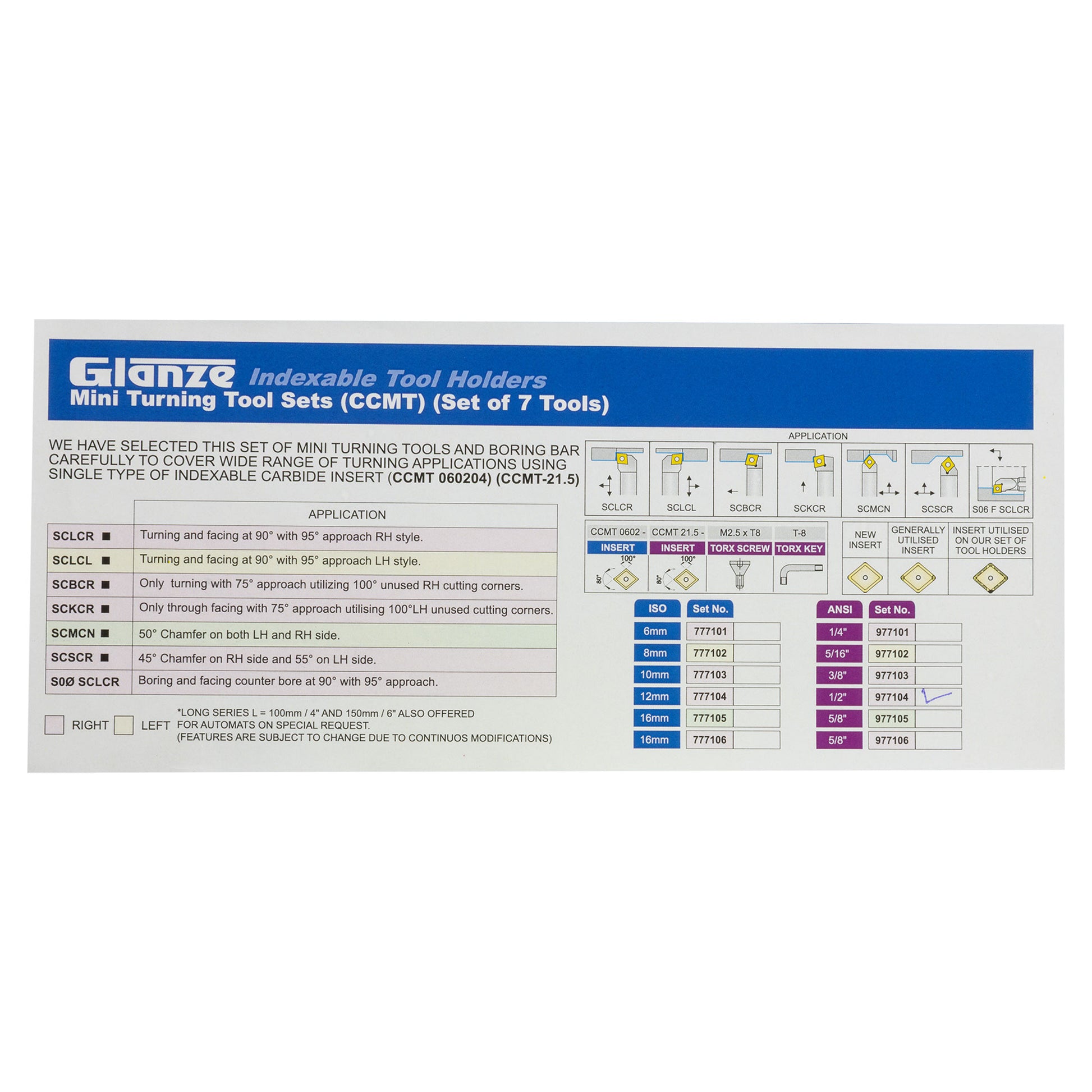 Turning & Boring Tools, 1/2 inch Indexable, 7 Piece Set - tool specs