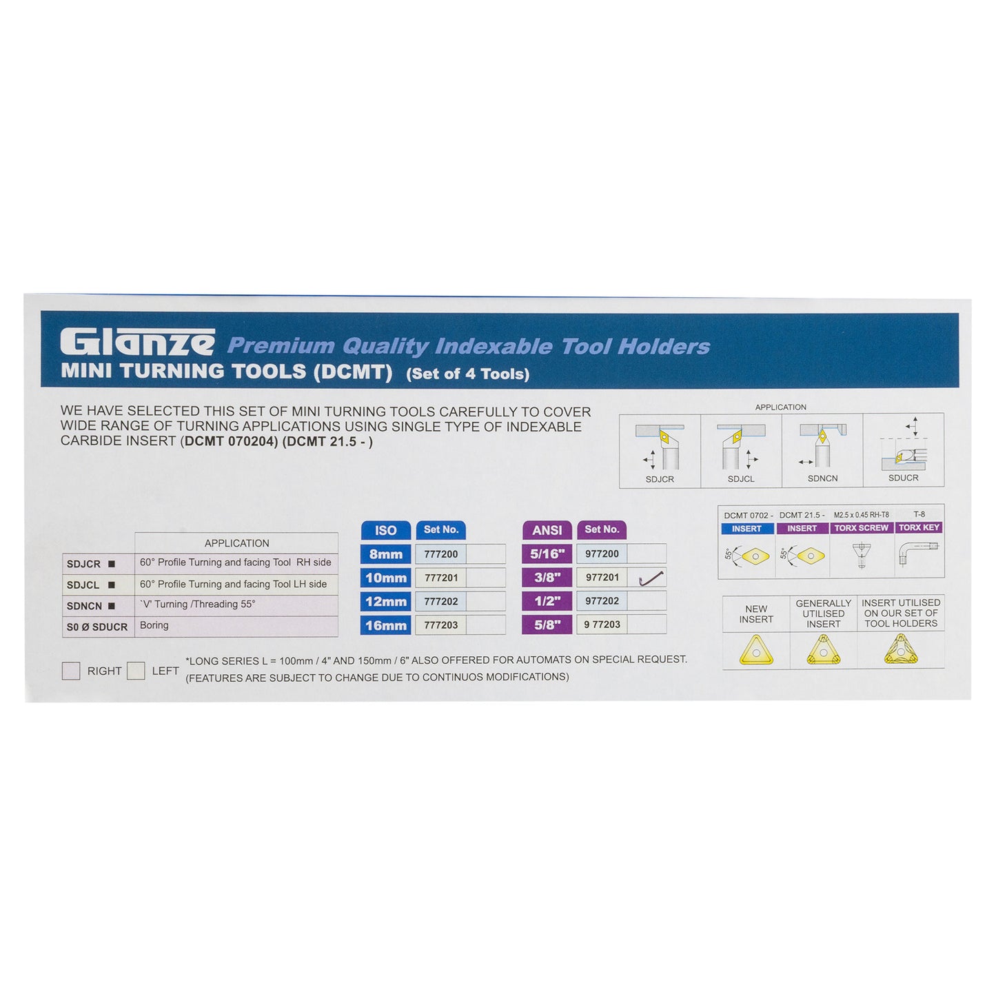 Turning & Boring Tools, 3/8 inch Indexable, 4 Piece Set - tool specs