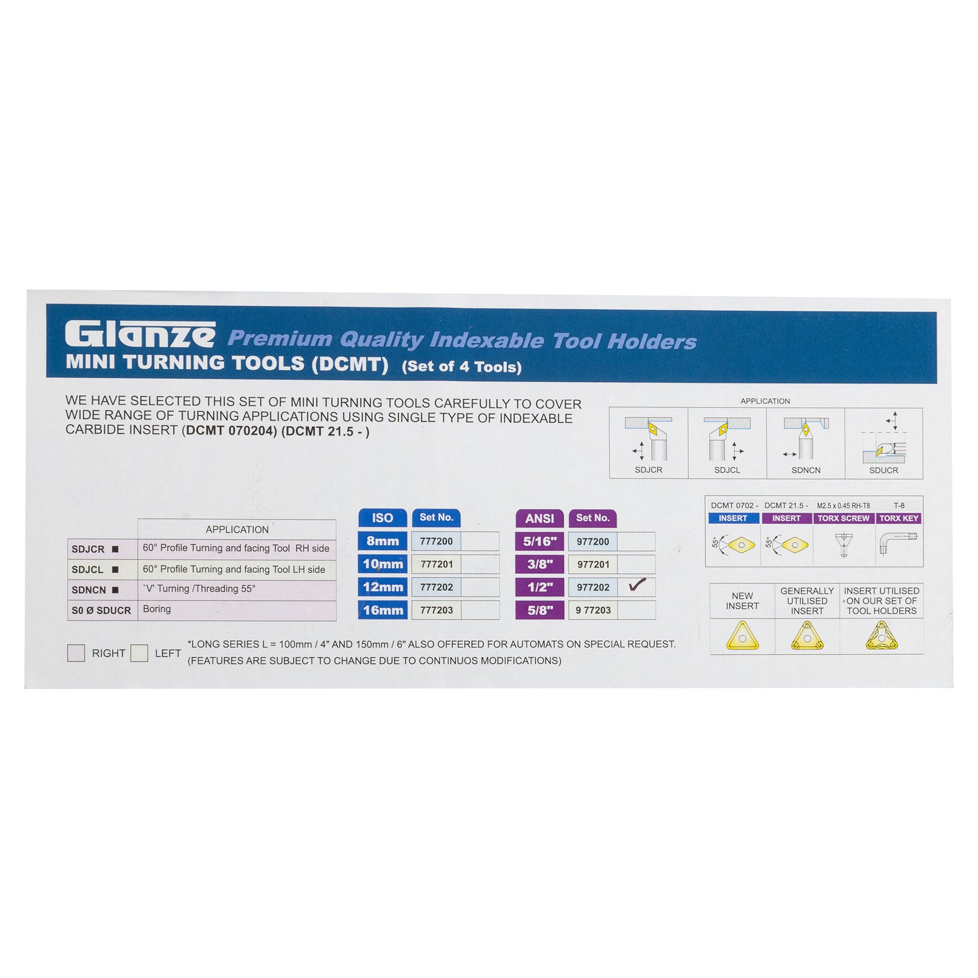Turning & Boring Tools, 1/2 inch Indexable, 4 Piece Set - tool specs