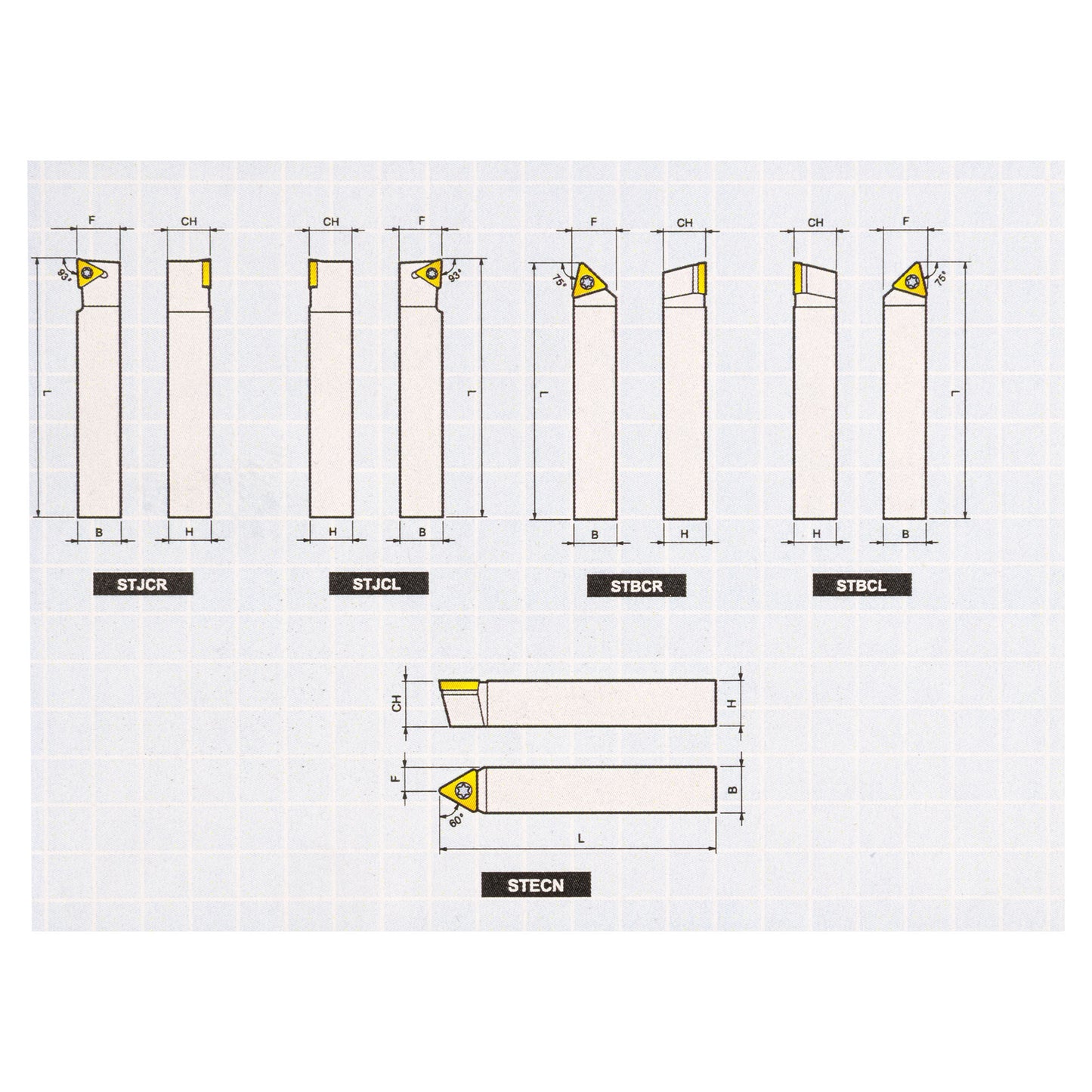 MINI TURNING TOOL SET (5 TOOLS) 1/4 SILVER FINISH - Set showing cutting angles - LittleMachineShop.com