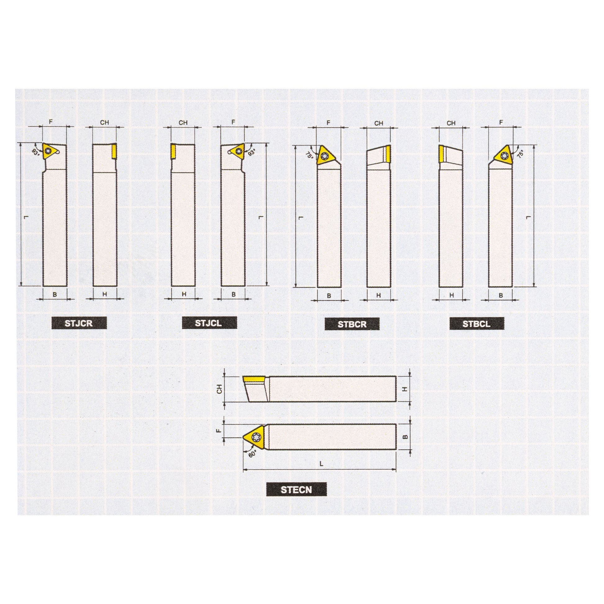 MINI TURNING TOOL SET (5 TOOLS) 1/4 SILVER FINISH - Set showing cutting angles - LittleMachineShop.com