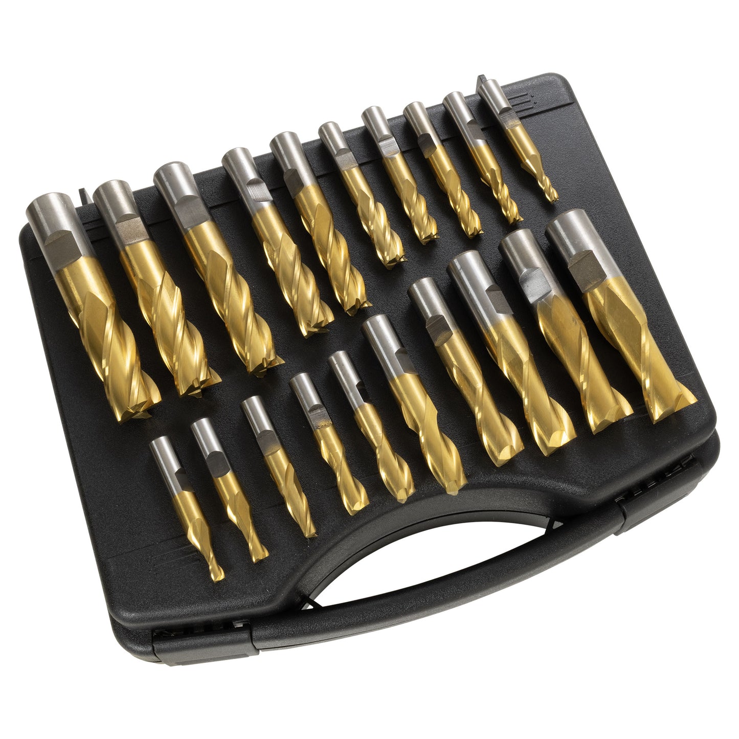 End Mill Set, 20-pieces 2 & 4 Flute, TiN coated HSS, Premium