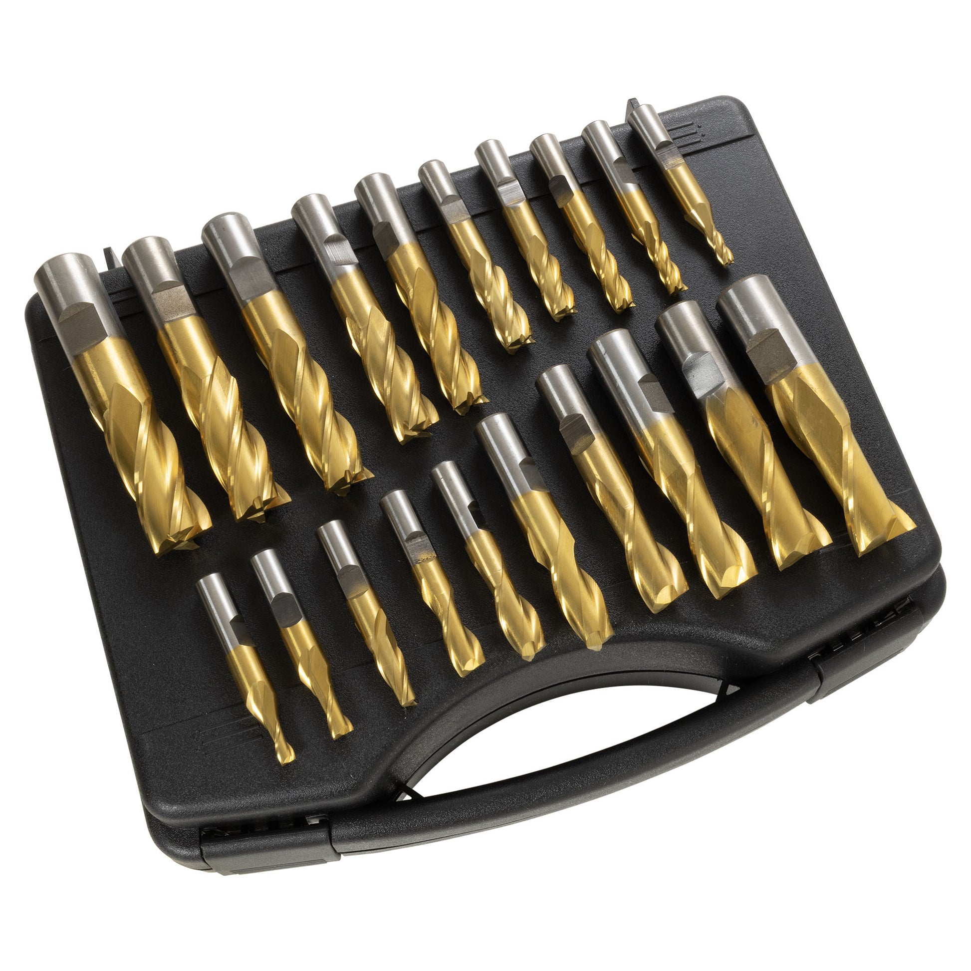 End Mill Set, 20-pieces 2 & 4 Flute, TiN coated HSS, Premium