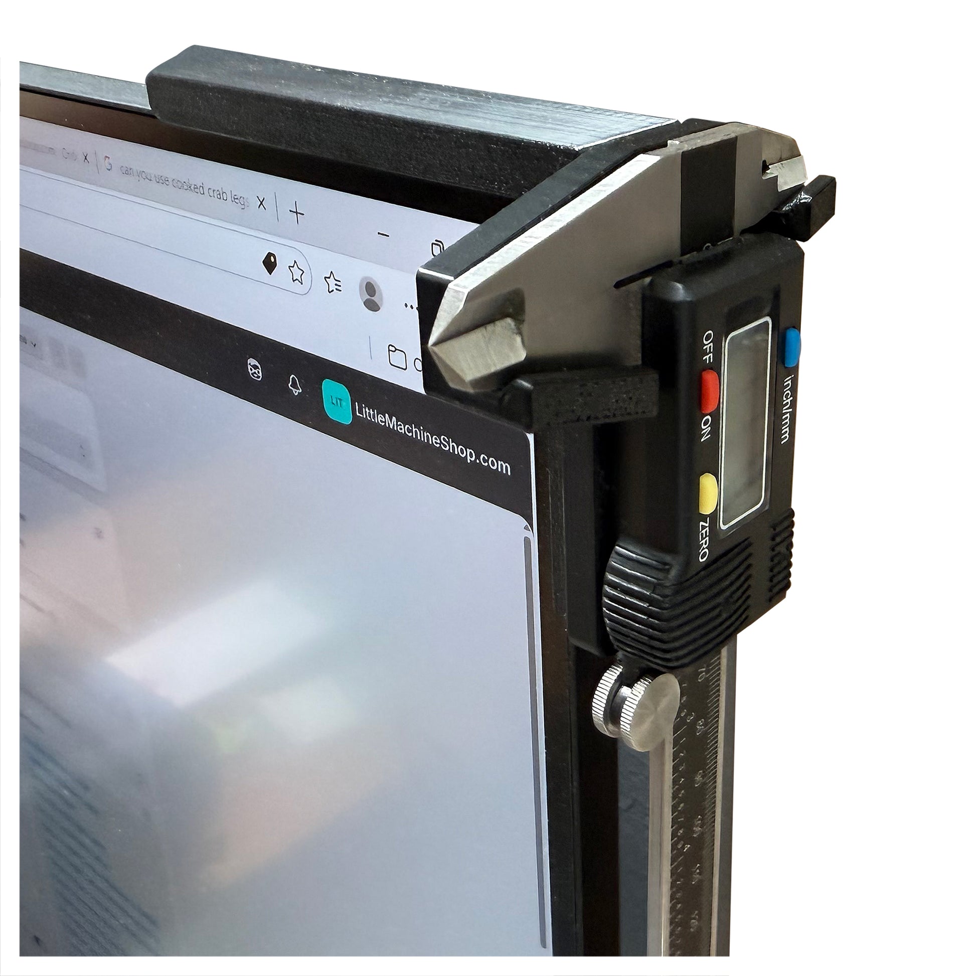 Caliper Hanger, Monitor Mount - Mounted on Monitor with Caliper | LittleMachineShop.com