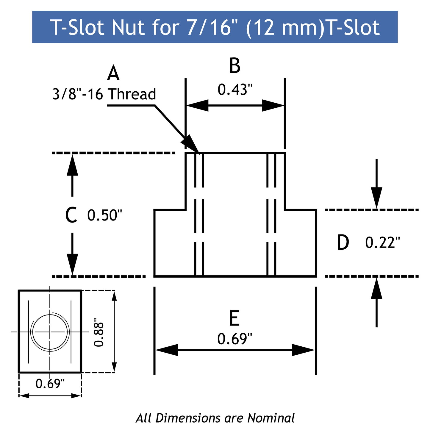 Drawing T-Slot Nut, 7/16" - LittleMachineShop.com