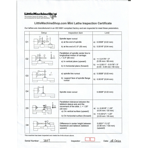 LittleMachineShop.com 7x14 Mini Lathe - factory inspection report