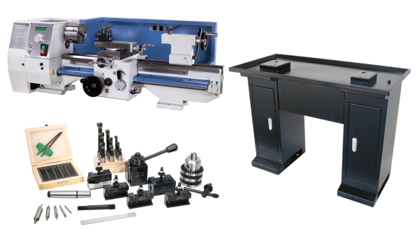 HiTorque 7500 Bench Lathe - 8.5x20, Tooling Package, and Stand Cabinet