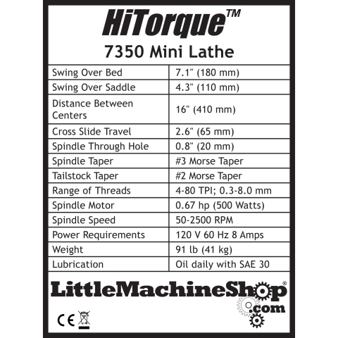Label, HiTorque 7x16 Mini Lathe, Deluxe