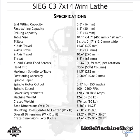 SIEG X2D Mini Mill - Specifications Callout