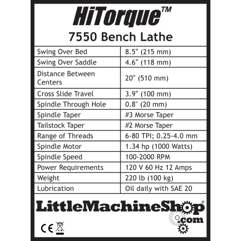 Label, HiTorque 8.5x20 Bench Lathe, Deluxe