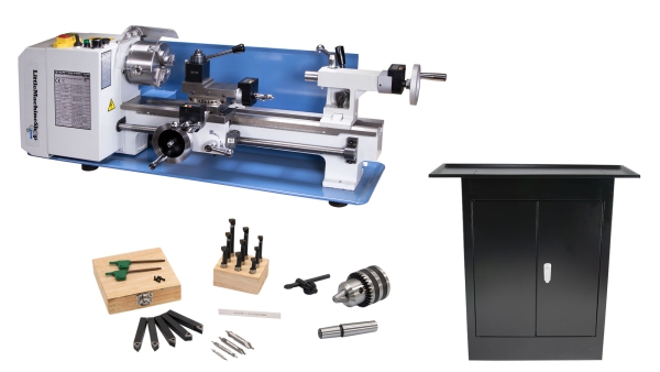 HiTorque 7350 Deluxe Mini Lathe - 7x16, Tooling Package, and Stand Cabinet
